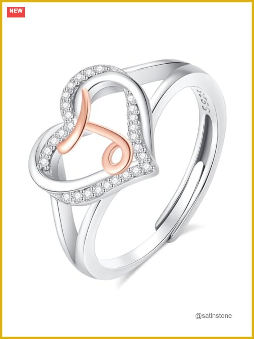 Sterling Silver Initial Heart Ring Adjustable Stackable Women's Jewelry